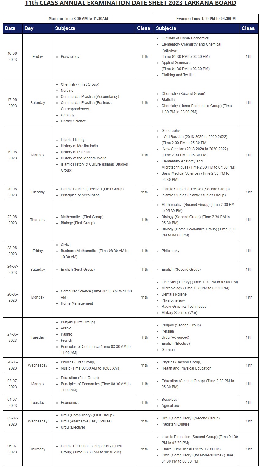 bise Larkana Board 11th Class Date Sheet 2023