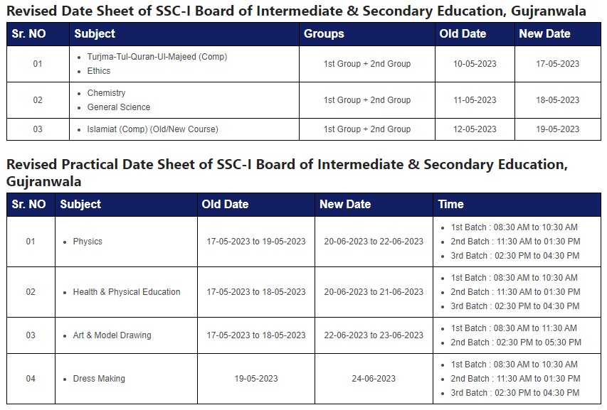 Bise Gujranwala Board 9th Class Date Sheet 2023 3969