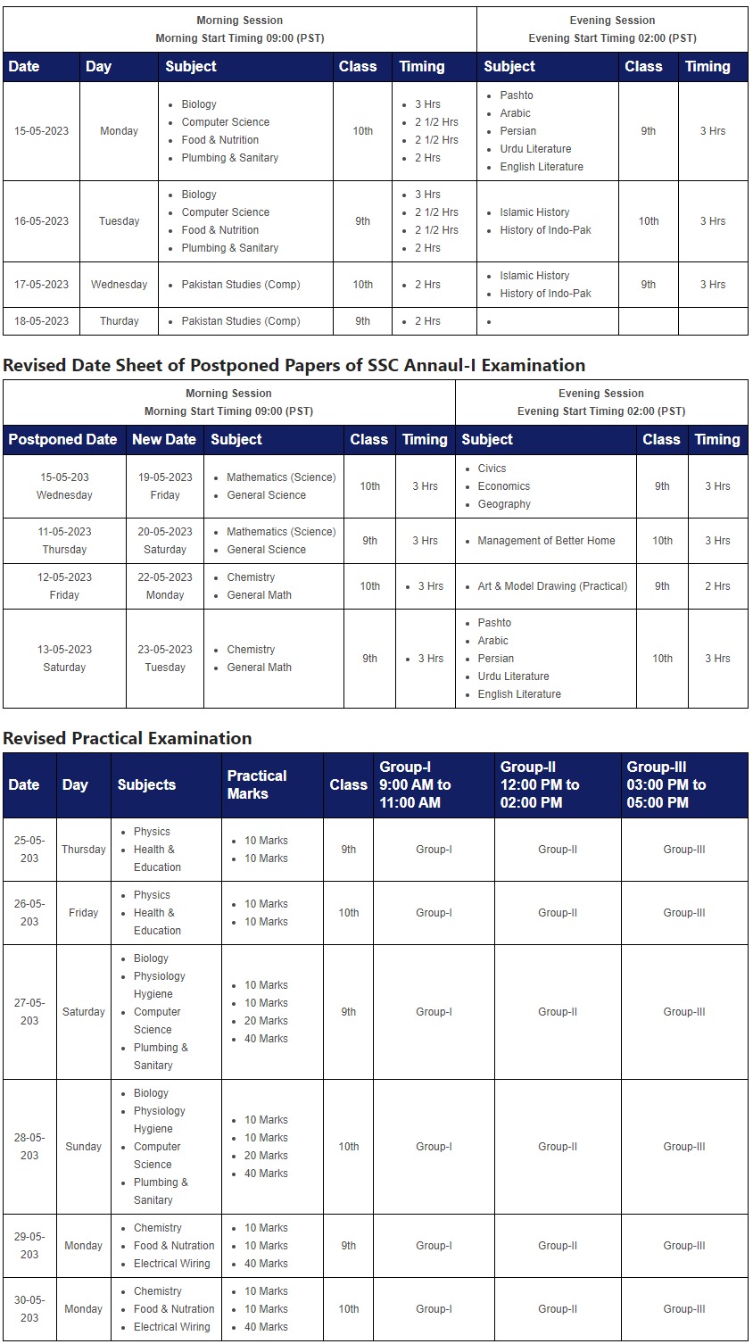 BISE Mardan Board 9th Class Date Sheet 2023