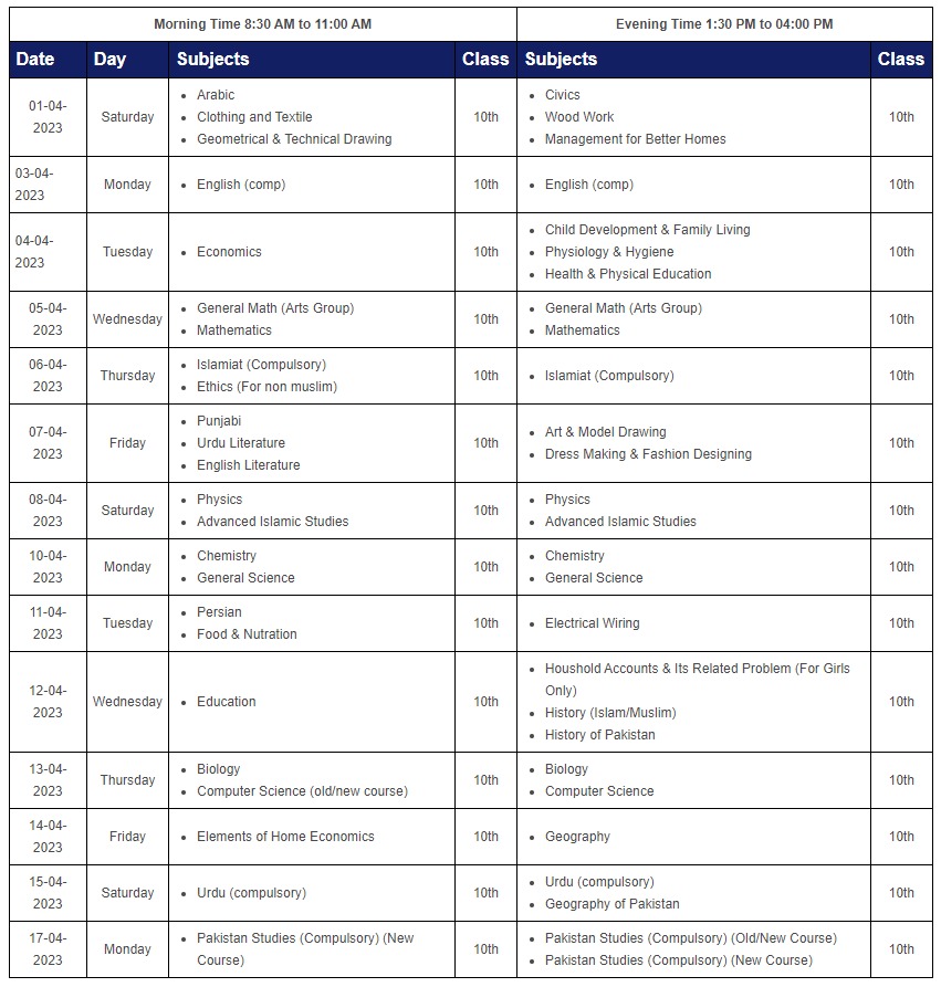 BISE Multan Board 10th Class Date Sheet 2024